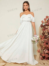 1pc Off Shoulder Ruffle Trim Wedding Dress
